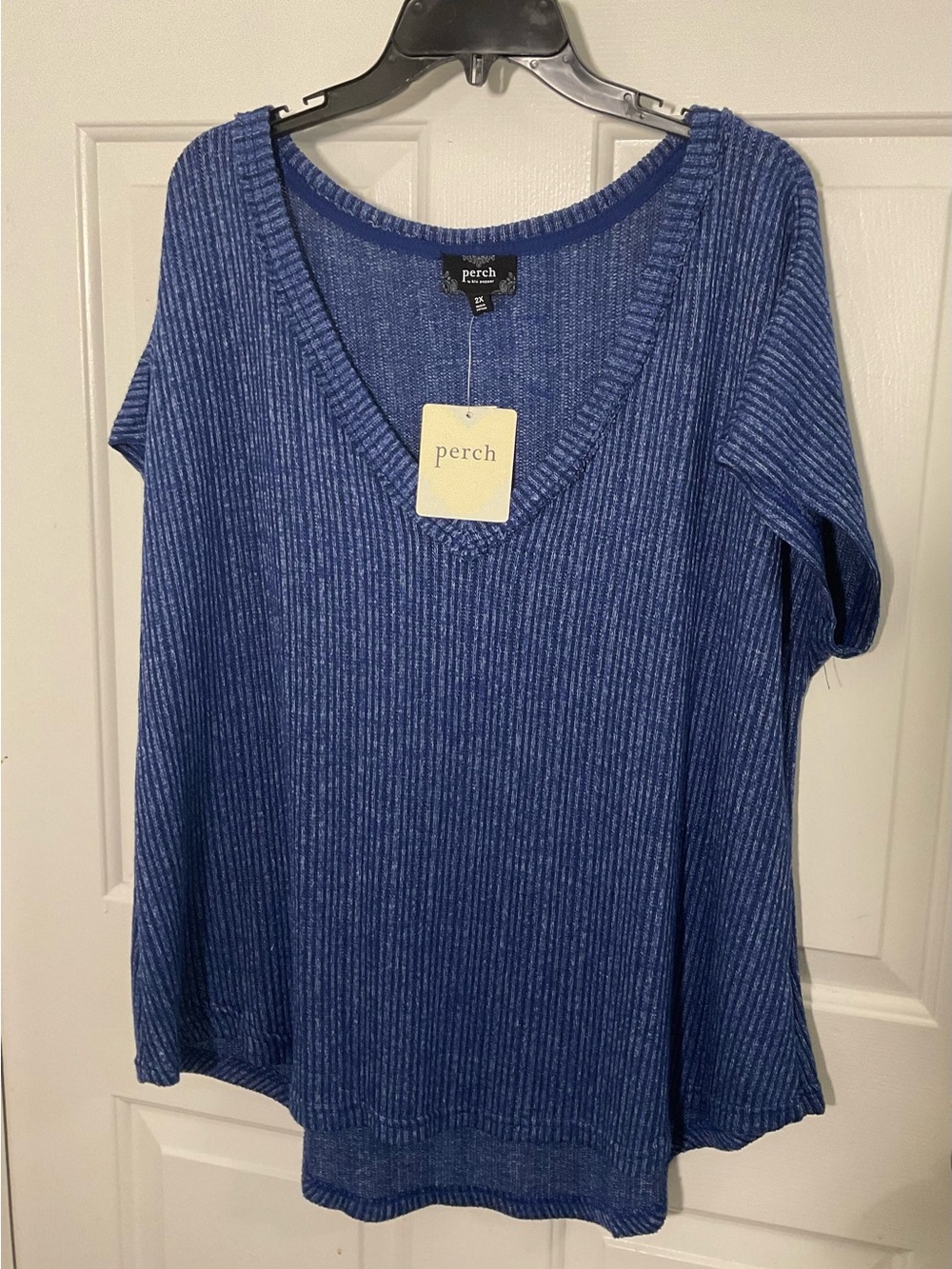 Perch by Blu Pepper 2X Blue Ribbed V Neck Knit Top Oversized
